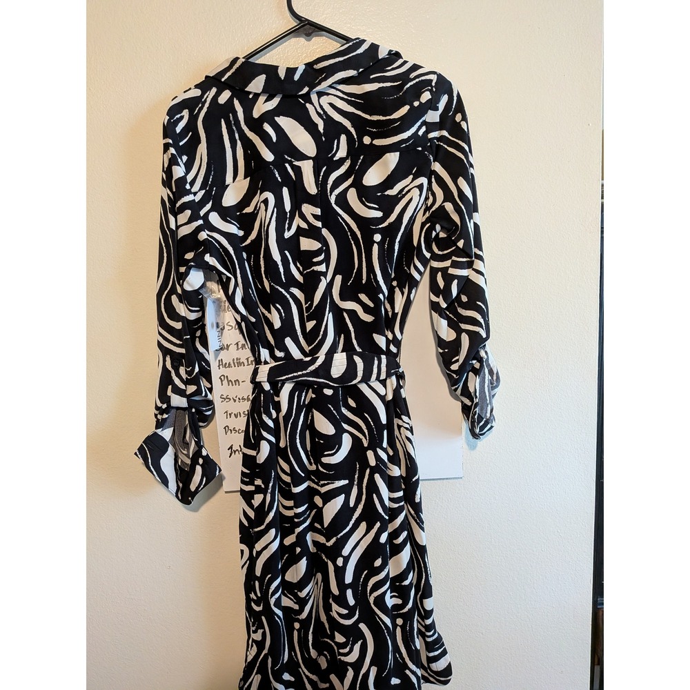 Nine West Black White Abstract Swirl Button Front Tie Waist Shirt Dress Medium‎